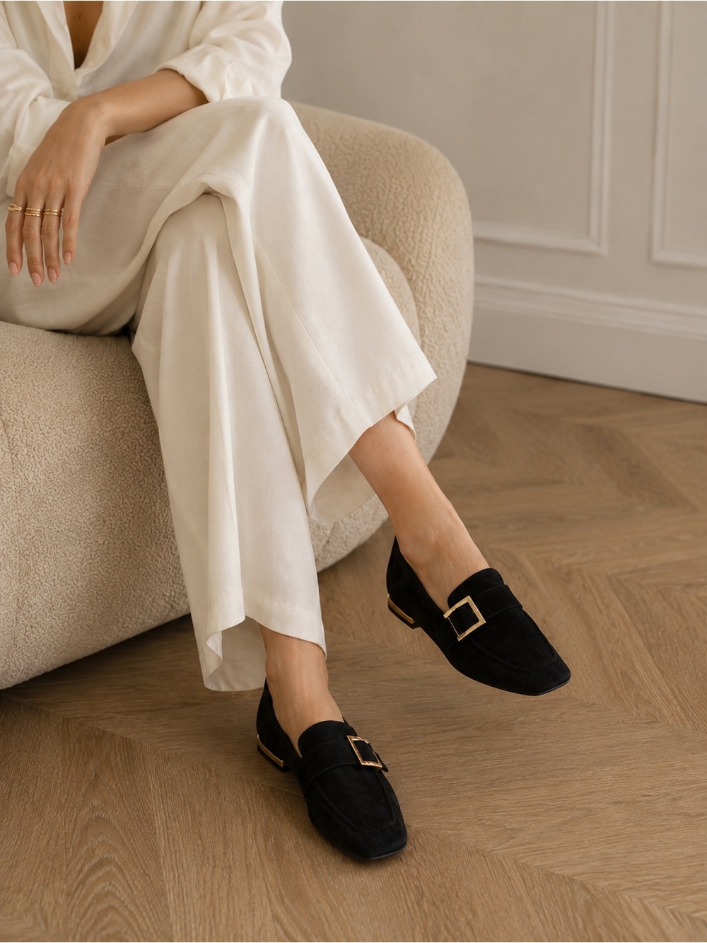 Roger Vivier Belle Vivier Black Suede Buckle Loafers Gold EU 35.5 Old Money